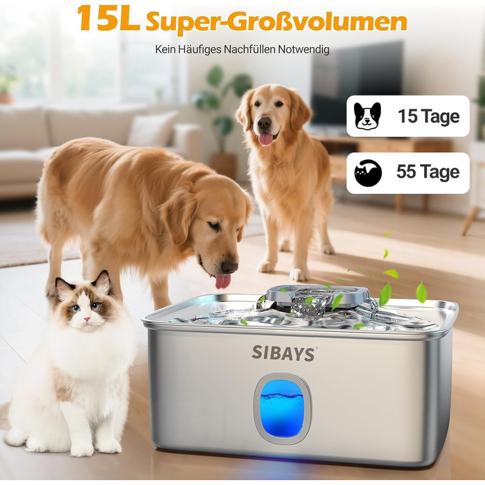 Фонтанчик для котів та собак 15L: великий, з нержавіючої сталі, з LED та вікном, для великих собак та кількох тварин