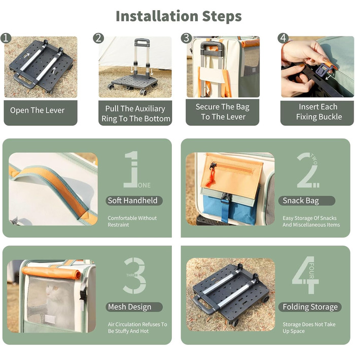 PETCUTE Рюкзак для собак з візком, 2-в-1, рюкзак для котів великих порід з колесами, дихаючий рюкзак-переноска для собак з вийманим килимком, складаний рюкзак для тварин для цуценят Бежевий+Зелений