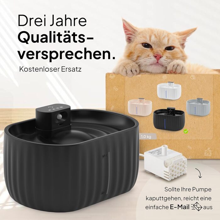 Автоматичний котячий фонтан Pretty Paw Aqua Sense, бездротовий, з датчиком руху, фільтром та резервуаром 3 л, чорний – поїлка для котів з акумулятором на 45 днів