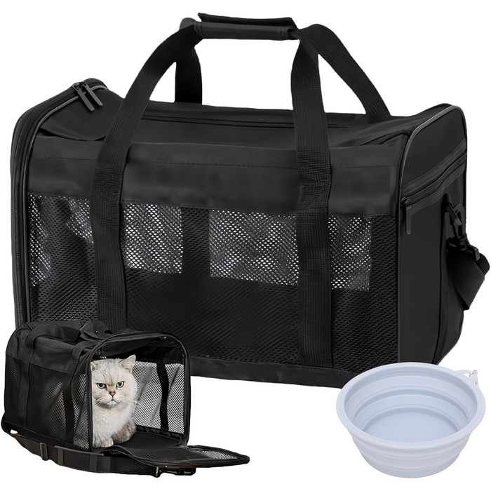 Транспортна переноска для котів та собак, 42x27x28 см, чорна: складана, з мискою для їжі