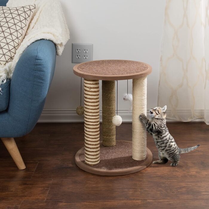 Дряпак для котів PETMAKER, 3 стовпи з килимовим покриттям, ігровий майданчик та сідало, захист меблів, для домашніх котів, великий, коричневий