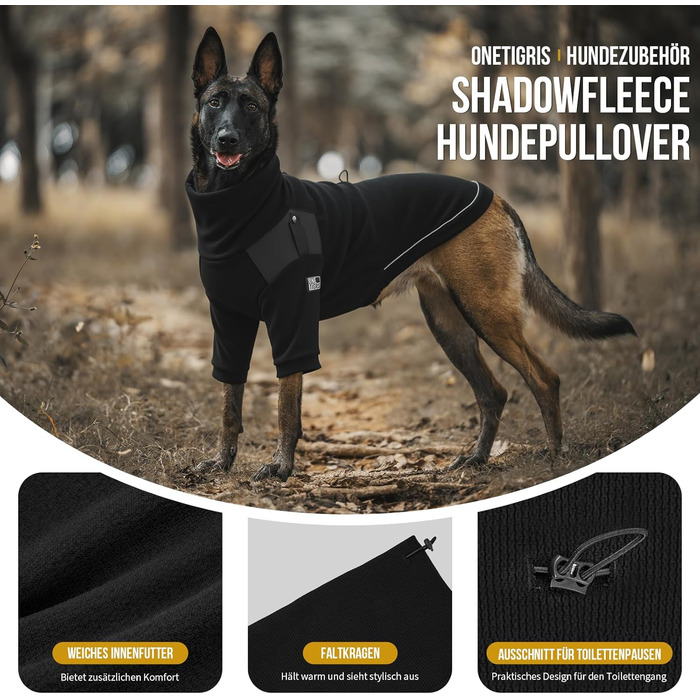 Пуловер для собак OneTigris, теплий флісовий одяг з петлями для ніг та отвором для повідка, зручний для вигулу, чорний, L (20-30 кг), XL (27-41 кг, обхват грудей 77 см, обхват шиї 60 см)