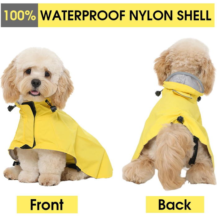 Жовтий дощовик для собак M, водонепроникний дощовик з капюшоном, світловідбиваючі елементи, регульований, з петельками для ніг та отвором для повідка, для собак маленьких, середніх та великих порід