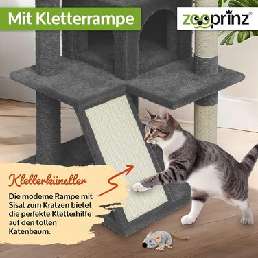 Zooprinz Преміум Котячий Дерево XXL для великих і малих котів, з товстими сизалевими стовпами, ігровою печерою, гамаком, м'ячиками, канатом і плюшевою мишею, темно-сірий