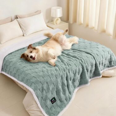 Водонепроникний килимок для собак Luciphia, великий розмір, Sherpa Fleece, двосторонній, захист ліжка та меблів, бежевий (м'ятно-зелений), X-Large (85x57 дюймів)