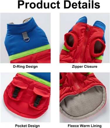 Зимовий теплий пуховик для собак з протекторними отворами, вітронепроникна куртка для холодної погоди, бавовна, костюм для цуценят, маленьких та середніх собак, розмір XL (S: Обхват грудей: 34 см/13.3 дюйма, Стиль 4: Червоний, Синій)