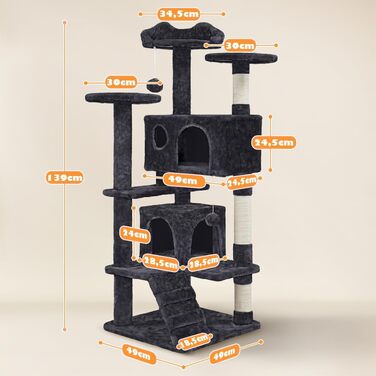 Кігтеточка-кімнатний комплекс Yaheetech 139 см, чорний, з 3 платформами, 3 стовпчиками, 2 хованками та іграшками