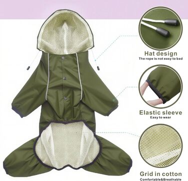 Водонепроникний дощовик для собак Idepet: тепла куртка з капюшоном для малих та середніх собак, зелений, 4XL