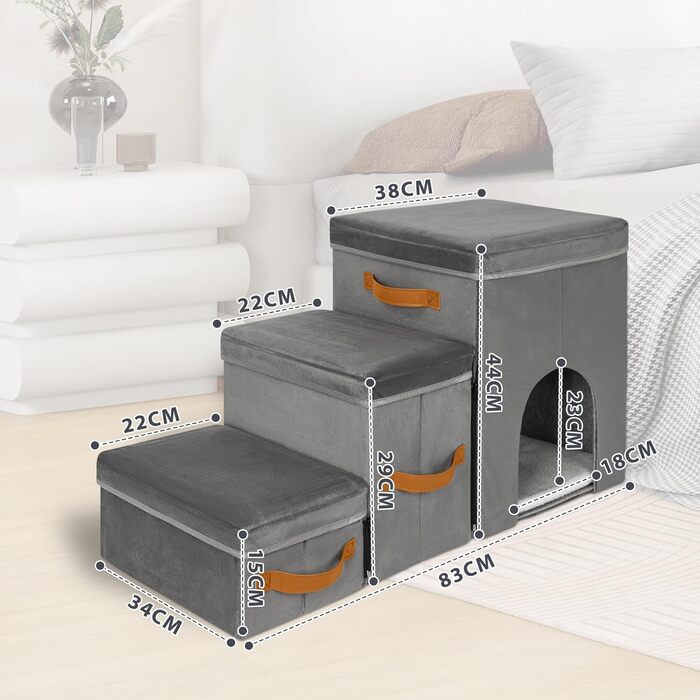 Сходинка для тварин OUUTMEE: складана сходинка для собак та котів з місцем для відпочинку, сіра (3 яруси з гніздом, 3 сходинки)