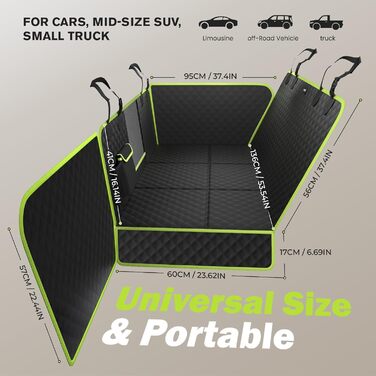 Плед для собак у машину Pecute з жорсткою основою, 136x60 см, захист сидіння, водовідштовхуючий, анти-царапин, для собак до 150 кг, чорний з зеленим кантом