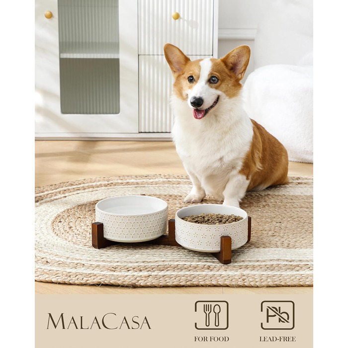Набір мисок для собак Malacasa з підставкою з горіхового дерева, 3.5 чашок кераміки, миски для кормів та води для цуценят та собак, з антиковзним дном, підходить для собак та котів. В комплекті: п'ятилистове трав'яне добриво + стільнички.