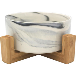 Керамічна миска для собак та котів Pet Wiz з бамбуковим підставкою, піднята миска для зручної позиції під час їжі та пиття, 5 кольорів, об'єм 850 мл (Мраморний сірий)