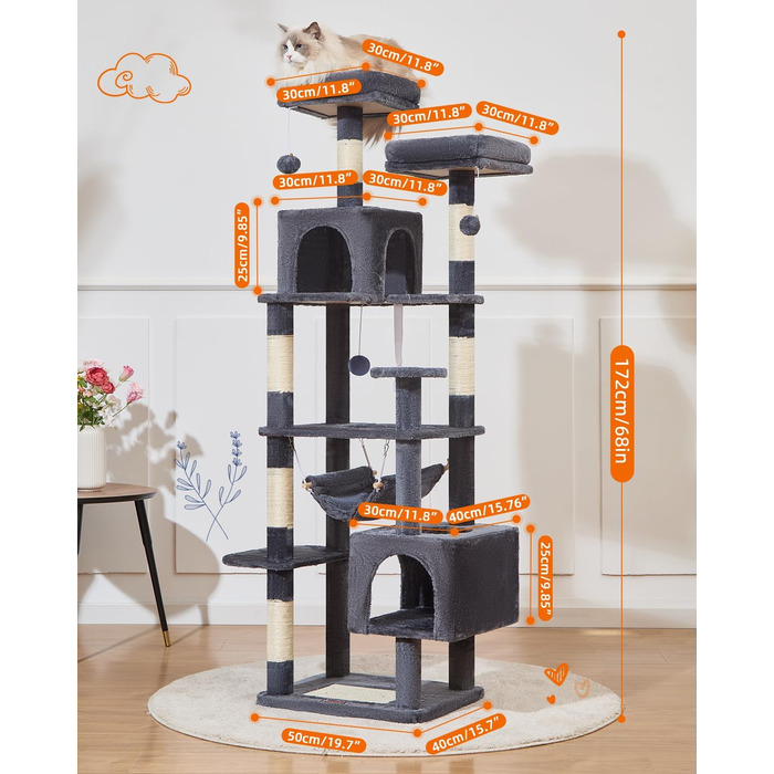Дряпка для котів Taoqimiao MS020SG, котячий комплекс для дому, м'який будиночок з 6 стовпчиками, 2 лежаками, 2 домівками, гамаком і 3 іграшками-помпонами, сірий
