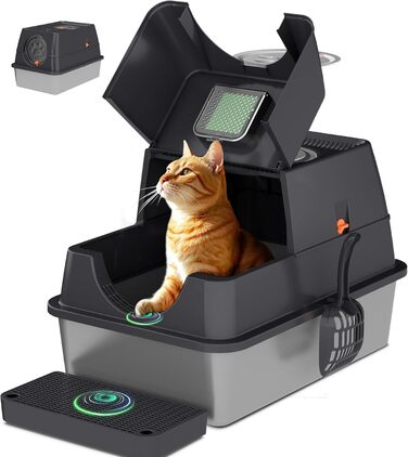 Кігтеточка-лоток для котів Citylife Edelstahl з кришкою, XXL, закритий, з двома входами, килимок для котячого туалету та совком, легко чиститься, нейтралізатор запаху, темно-сірий