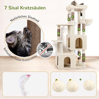 Драбина для котів Globlazer XL, бежева, 156 см: стабільна, з будиночком, платформами та сизалевими стовпчиками