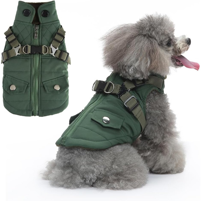 Вітростійка куртка для собак, тепла жилетка для цуценят та собак середніх розмірів, зелена, XL. З D-початком та блискавкою на спині.