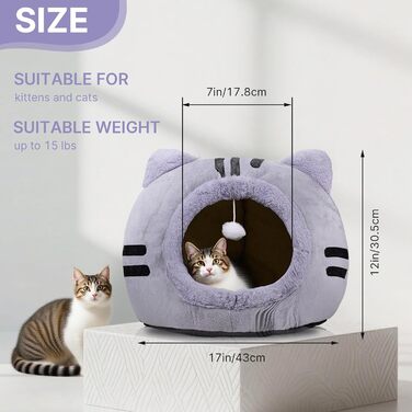 Кішка ліжко для котів, форма кота 40x40x32 см, велика кішка-печера, темно-сірий колір, складне ліжко для котів з пральними подушками, кішка-будиночок для кошенят, маленьких, середніх домашніх тварин, сірий колір