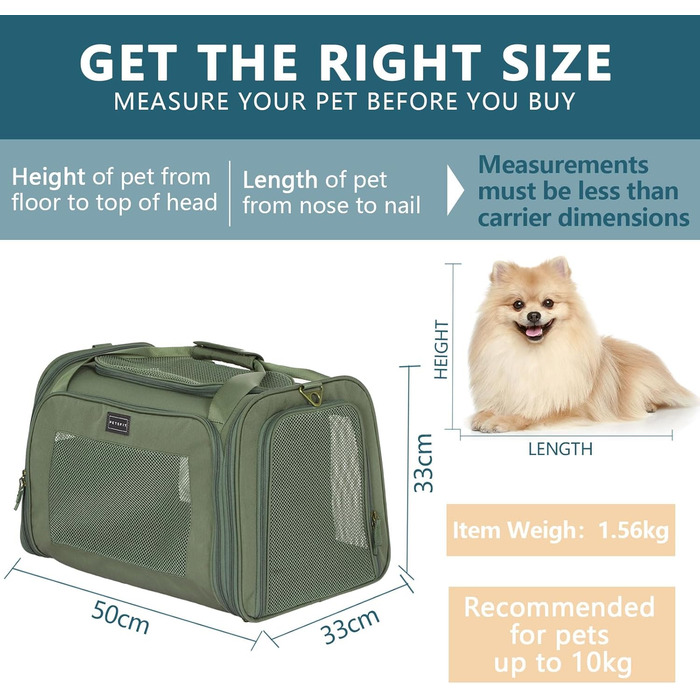 Транспортна переноска для котів та собак Petsfit, складана, 50L, оливковий, з м'яким килимком