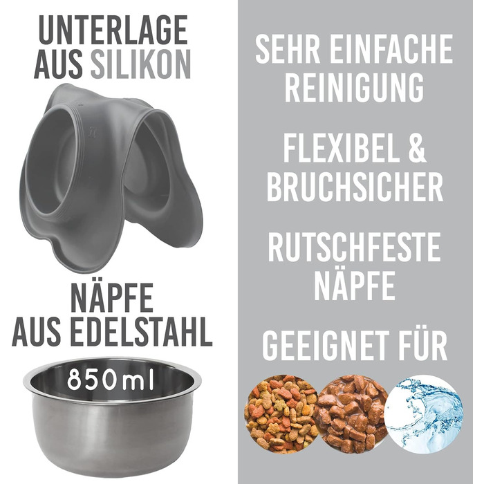 Підставка для миски для котів та собак KaraLuna з нержавіючої сталі (850 мл, сірий)