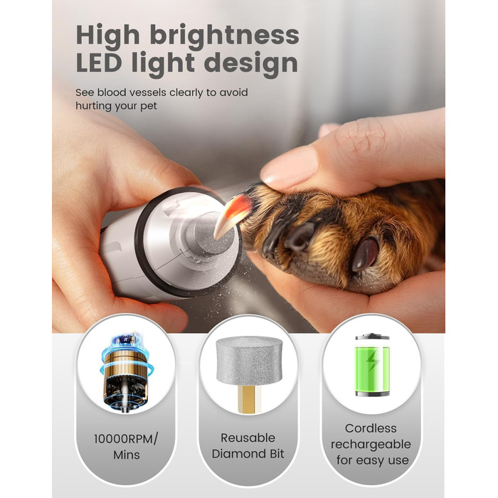 PAPMINI 2-в-1 триммер для когтів та стрижка когтів для собак, безшумний, акумуляторний, для великих, середніх та маленьких собак, білий