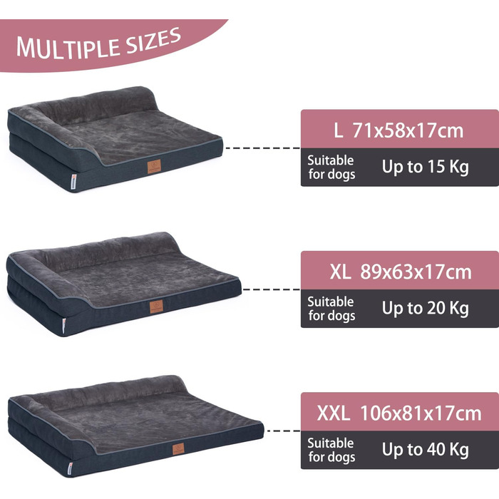 Ортопедичне собаче ліжко преміум-класу з піною Egg Foam, міцна петля, водонепроникний внутрішній чохол, собаче ліжко-софа, м'яке собаче ліжко, знімний та пральний чохол, 71 x 58 x 17 см, темно-сірий колір (L)