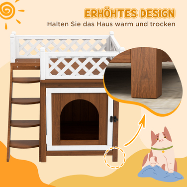 PawHut Cat Cave, Котячий будиночок з ялинового дерева, Котячий будиночок з балконом, Сходи, для кішок, Кролики до 6 кг, Кімнатний, Відкритий 67.5 x 63 x 68.5 см, Коричневий | Аосом