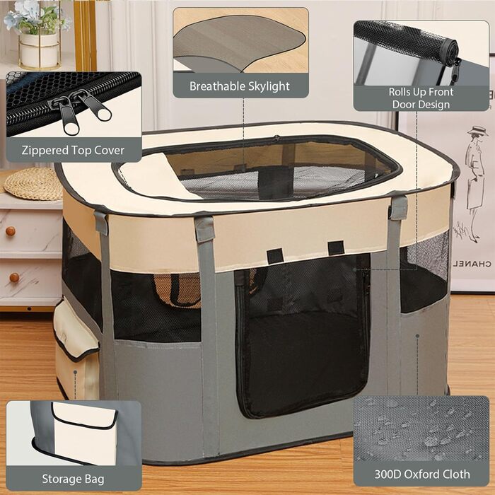 Складаний вольєр для цуценят, переносний вольєр для тварин, вольєр для цуценят, вольєр для тварин в приміщенні, вольєр для кошенят, цуценят, кроликів, сірий, 90 x 70 x 58 см