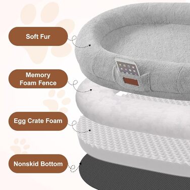 Крісло-ліжко для собак та людей, 180х122х25 см, велике крісло-мішок з ковдрою, овальне ліжко з штучного хутра, знімний великий матрац Memory Foam, сіре