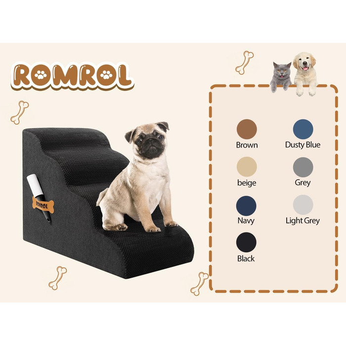 Сходинка для собак та котів Romrol – 4 сходинки, чорний колір, з неслизьким покриттям, з Memory Foam, для захисту суглобів