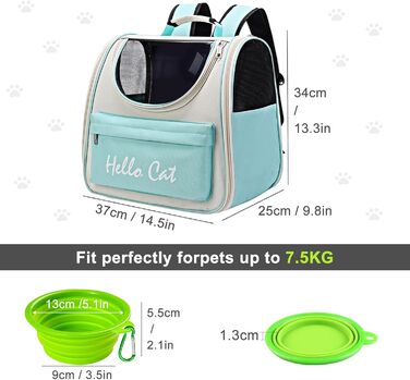Рюкзак для тварин Surmounty з сіткою, складаний рюкзак для кота/собаки з мискою для подорожей, водонепроникний оксфорд, до 15 кг (зелений)
