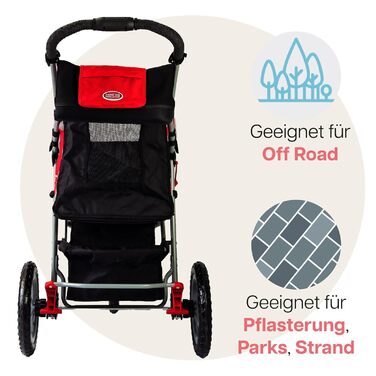 Візок для собак Innopet Comfort EFA Eco чорний/червоний – розкладний візок для собак та котів, підходить для лісу та пляжу, з великими колесами 30см, вантажопідйомність 25кг, з повідками