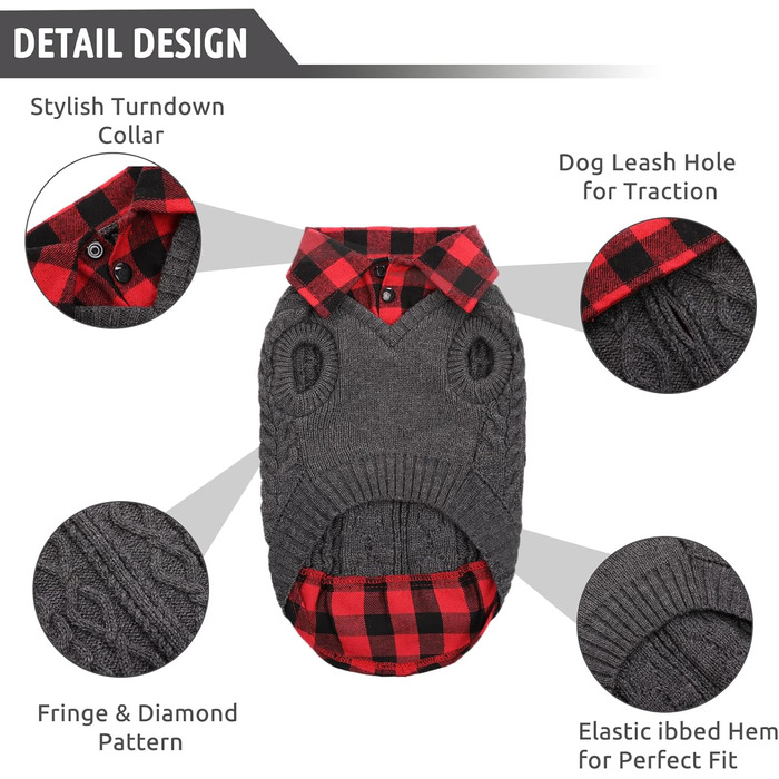 Теплий собачий светр CITÉTOILE з візерунком у клітинку, високим коміром та отворами для повідка – зимовий одяг для собак маленьких, середніх та великих порід, а також для котів, сірий, розмір M