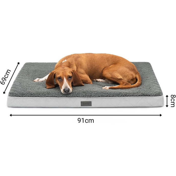 Ортопедичне ліжко для собак Lionto, 91x69x8 см, з м'яким плюшем, знімний та пральний чохол, водовідштовхувальне, для собак та котів, сірого кольору