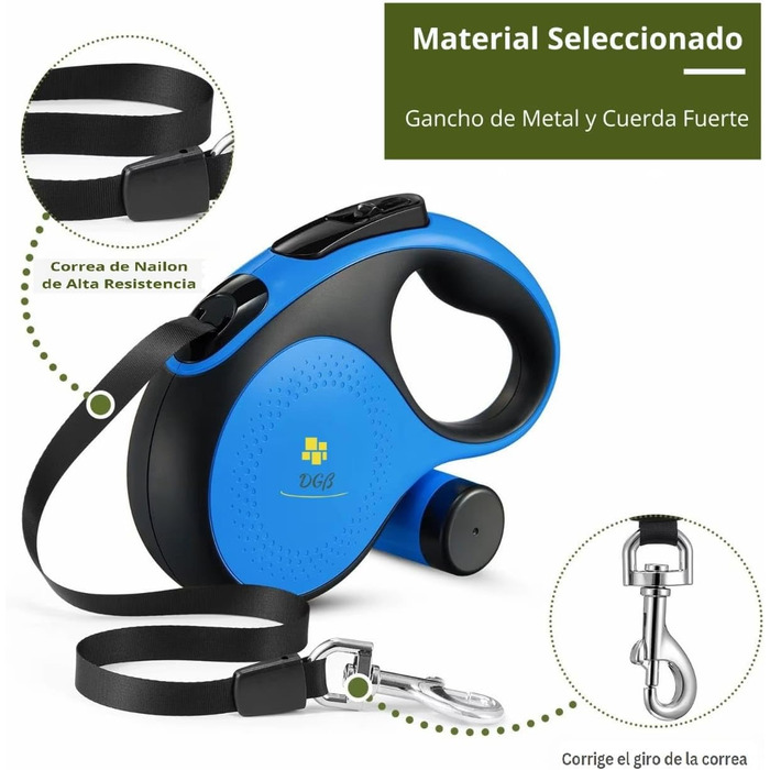 Висувна собача шлейка, 3 м, для собак маленьких, середніх та великих порід, ергономічна ручка, до 15 кг, колір блакитний, розмір L