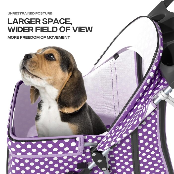 Дитяча коляска для котів та собак, 3 колеса, фіолетовий принт, з кошиком та тримачем для напоїв