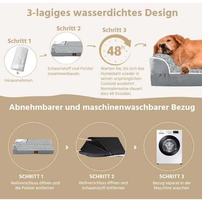 Ортопедичні лежанки для собак великих порід - водонепроникні, з водонепроникним підкладом, з неслизьким дном, знімний та пральний чохол (XL: 107 x 81 x 18 см)