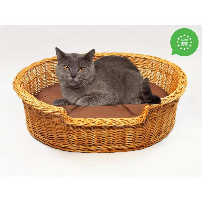 Плетене ліжко для собак та котів з ротангу, розмір 43x28x10/14 см, з подушкою 75x54x21 см (колір коричневий)