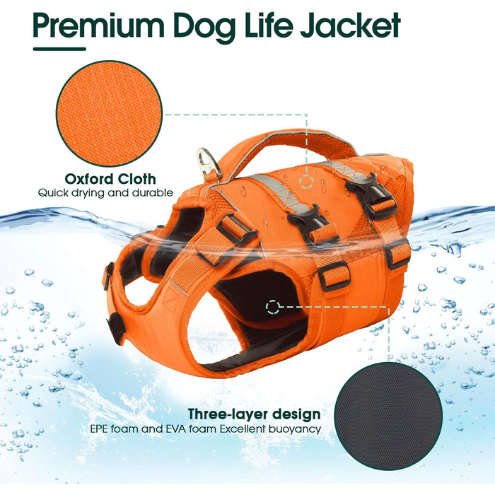 Спасальний жилет для собак Kuoser великого розміру з ручкою та світловідбиваючими елементами, регульований, посилений, для великих собак, помаранчевий (S)