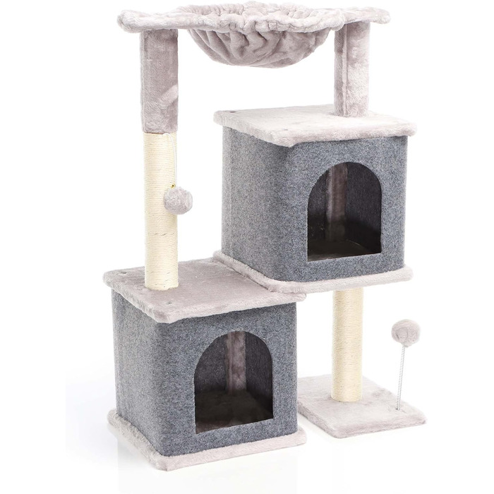 Котячий будиночок-крізьомачка Fudajo сірого кольору, 71,5 см, з платформою для відпочинку, лежаком, дряпалкою та будиночком для котів. Кліматичний комплекс для котів