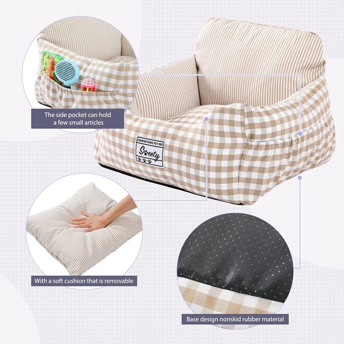 Автокрісло для собак Petpela з безпечним ременем, м'яке, вологостійке, неслизьке. Підходить для собак маленьких та середніх порід. Сірий (Бежево-сірий в клітинку)