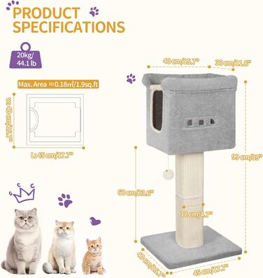 Котячий комплекс Hzuaneri 99 см з LED підсвіткою, сірий – когтеточка із сизалю, велика платформа, будиночок для котів, іграшка-бомбочка, меблі для котів 45x40x99 см, модель MS99918LG