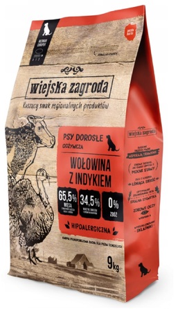 Сухий корм для собак Wiejska Zagroda: Яловичина з індичкою, для великих порід (L), 9 кг