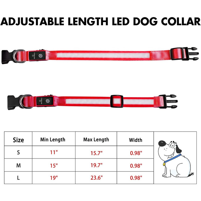 Світловідбиваючий нашийник для собак ASBRILL з LED-підсвічуванням, USB-C, водонепроникний, регульований, 3 режими світла, для собак малого, середнього та великого розміру (L, ЧЕРВОНИЙ)