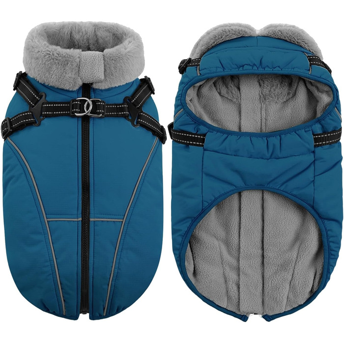 Зимовий теплий водонепроникний одяг для собак Queenmore, куртка для собак з шлейкою, 3-шаровий, світловідбиваючий, для великих порід (Лабрадор, Хаскі, Голден Ретрівер) (2XL) (XS, Коеліновий блакитний)