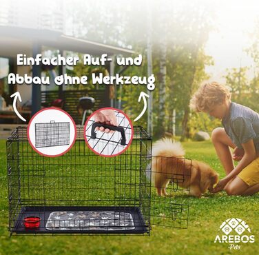 Клітка для собак Arebos | Транспортна переноска для собак, складана | Клітка-переноска для авто | Клітка для собак з 2 дверцятами | Чорна (92,5 x 60 x 66 см)