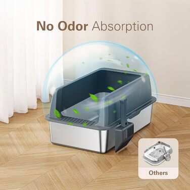 Металева туалетна коробка для котів Zarler з кришкою, XL, з нержавіючої сталі, 61×40,5×30,5 см, сірий, для великих котів, з високими бортами, не прилипає