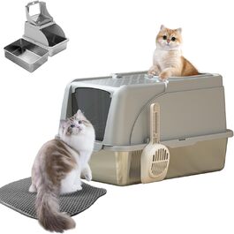 Лоток для котів Julymoda XXL 100L з совком, килимком і кришкою, нержавіюча сталь, з високим бортом, 2 входи, 62x42x40,5 см, сріблястий