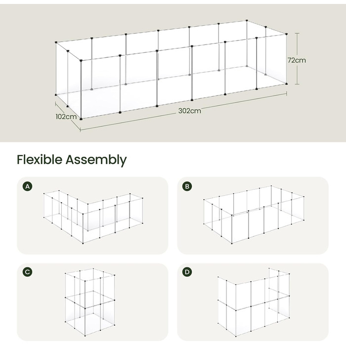 Кігульник для кроликів та інших дрібних тварин EUGAD, 16 прозорих панелей, 50x72 см, розширюваний, для кроликів, морських свинок, хом'яків, їжаків, 302x102x72 см (16 шт.)