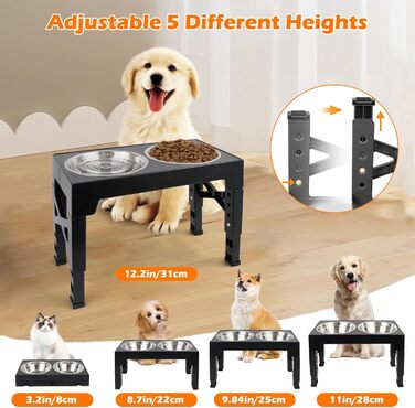 Підвищена годівниця для собак та котів, регульована висота, з нержавіючої сталі, 2 миски, чорна
