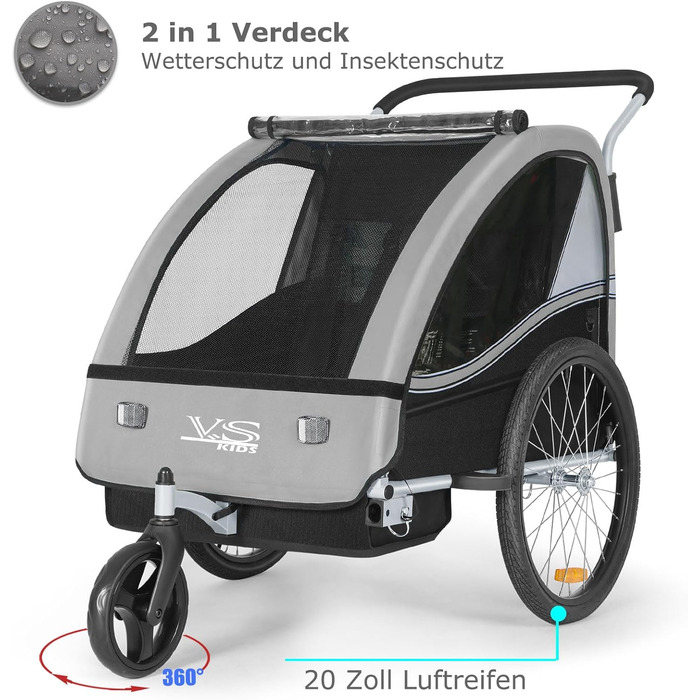 Дитячий причіп Tiggo VS 2 в 1: велосипедний причіп та коляска-візок, сірий